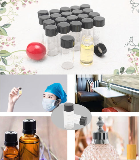 50pcs Clear Glass Vials with Black Screw Caps, 10ml Empty Bottles for Essential Oil