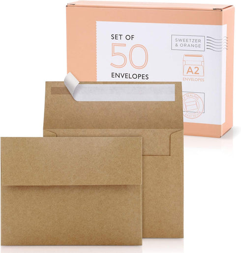 Sweetzer & Orange A2 Envelopes (50 with Box), Brown Envelopes Self Seal, Luxury 150gsm for Greeting Card and Invitation