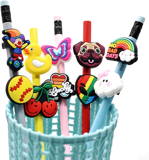YEALQU 45PCS Cute PVC Pencil Topper Decorations, Lovely Black Clip Pencil Accessories for Junior Students Gifts