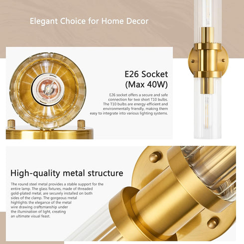 addigi 17.5 inch 2-Light Inch Gold Wall Sconces, Modern Wall Sconces Lighting with Stripped Glass Shade, Gold Vanity