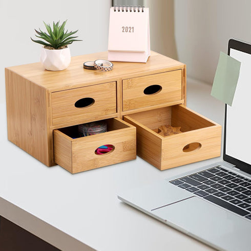 ZOOFOX Bamboo Desk Organizer, 100% Natural Bamboo Storage Box with 4 Drawers for Makeup Vanity and Office Supplies
