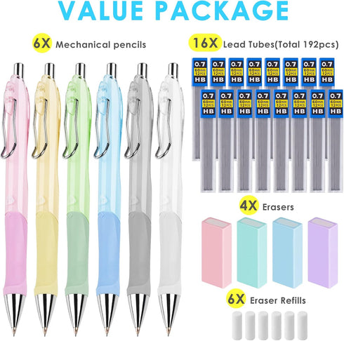 Tomorotec Mechanical Pencils Set 6PCS Pack School Office Supplies with Erasers Lead Cap Eraser Refills, 0.5 mm HB Lead Pencil for Writing Sketching Drawing Drafting Back to School by Tomorotec