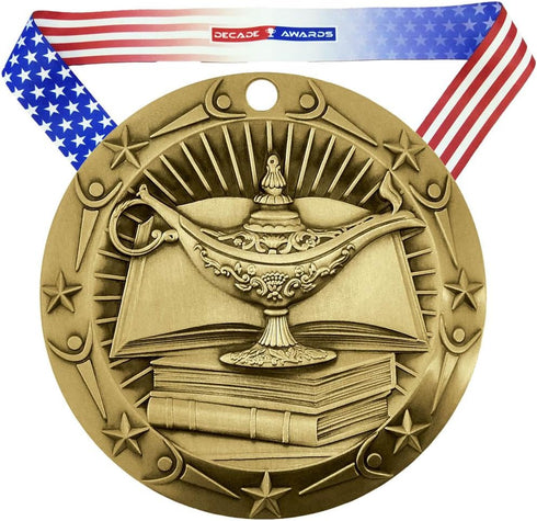 Decade Awards Academic Medal - 3 Inch Wide Gold or Silver Medal with Stars and Stripes Neck Ribbon