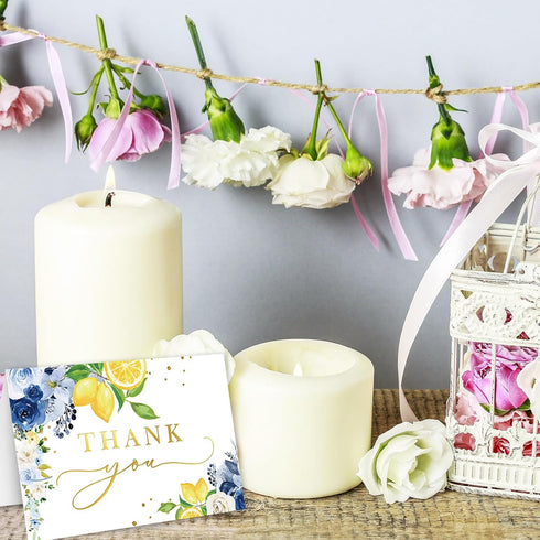 Summer 24 Pack Whaline Blue Lemon Floral Thank You Cards Bulk Watercolor Flower Lemon Thank You Note Card with Stickers