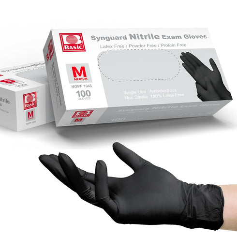 Basic Medical Black Nitrile Exam Gloves, Latex-Free & Powder-Free, 5 mil Gloves, NGPF-1045 (Pack of 100), Medium