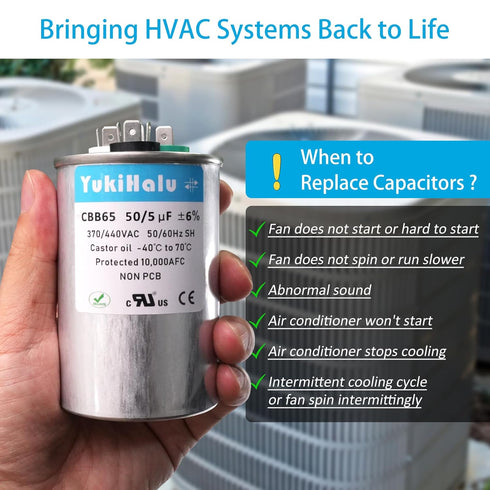 YukiHalu 50+5 uF 50/5 MFD 370 or 440 VAC CBB65 Dual Run Capacitor for Air Conditioner, Motor Run, Heat Pump