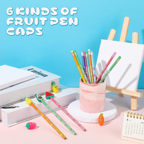 Leinuosen 30 Pieces Scented Pencils with 12 Eraser Cartoon Toppers, Fruit Element Graphite Pencils