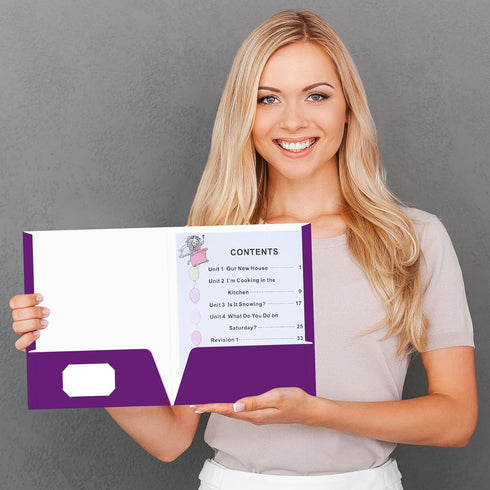 Jutom 50 Pcs Glossy Laminated Paper Folders, 2 Pocket Presentation Portfolios (Purple)