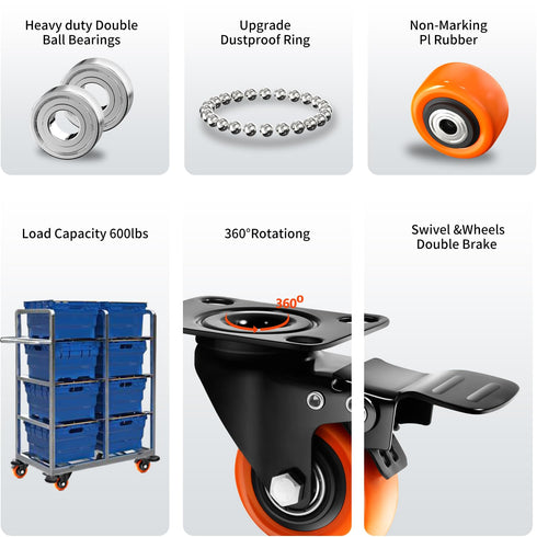 Caster Wheels Set of 4, Heavy Duty TAYLOON Locking Industrial Casters with No Noise Polyurethane Wheels