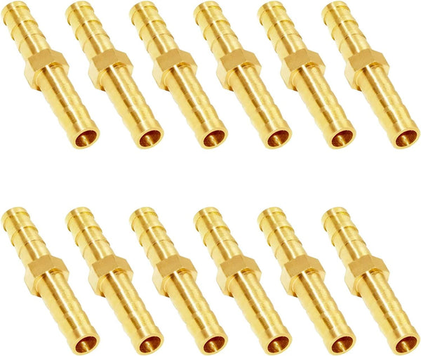 JoyTube Brass Hose Barb Fitting, 1/4" Barb Hose Union, Fuel Gas Water Air (Pack of 12)