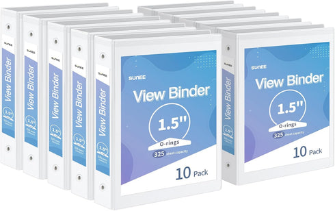 SUNEE 3 Ring Binder, 1.5 Inch, 10 Pack, Clear View PVC-Free Binder for School or Office Supplies, White