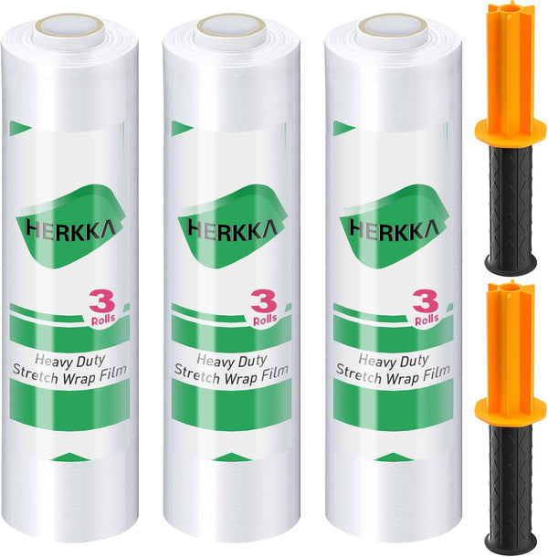 HERKKA Stretch Film with Handles - Industrial Strength Moving Plastic Wrap, 15" x 1000 Feet, 3 Pack, 60 Gauge