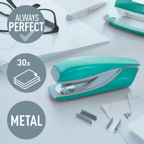 Leitz NeXXt Office Stapler, Metal, 30 Sheets, Blister Pack, Ice Blue, 55022051
