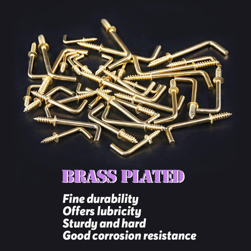 Swpeet 120Pcs Gold Brass Plated Metal Screw-in Square Bend Hooks Kit - 6 Sizes for Home Workplace Office
