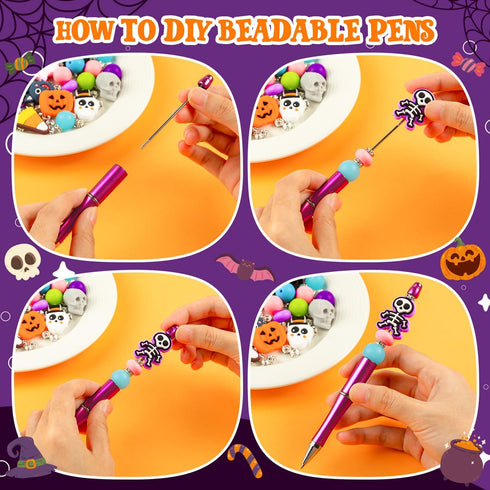 Halloween Beadable Pens, Plastic Bead Pens with 12 Pcs Silicone Beads, Pumpkin Bat Skull for Halloween Gifts