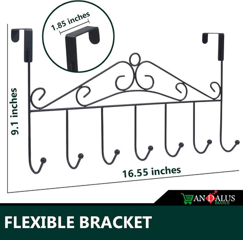 Andalus Heavy-Duty Vinyl-Coated Over The Door Hooks – 7 Hooks for Hanging Towels, Coats, Bags, Clothes (Black)