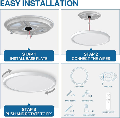 Dimmable 24W 2400LM, 12Inch, 2000K 3000K-6500K, 1 Pack LED Flush Mount Ceiling Light Fixture with Remote Control, Warm