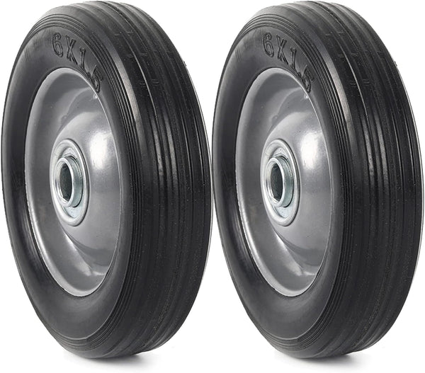 (2-Pack) AR-PRO 6” x 1.5” Flat Free Solid Rubber Wheel Assemblies, Heavy-Duty Replacement Hand Truck Wheels