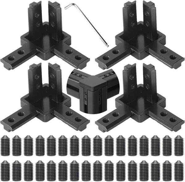 4Set 3030 Solid Connector 3-Way End Corner Bracket with M6x8mm Screws for Black Aluminum Extrusion Accessories