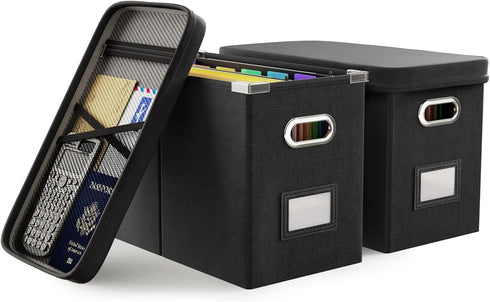 Oterri File Organizer Box with Lid, Hanging Document Organizer with Mesh Pocket for Letter Files, 2 PCS Black Storage