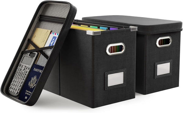 Oterri File Organizer Box with Lid, Hanging Document Organizer with Mesh Pocket for Letter Files, 2 PCS Black Storage