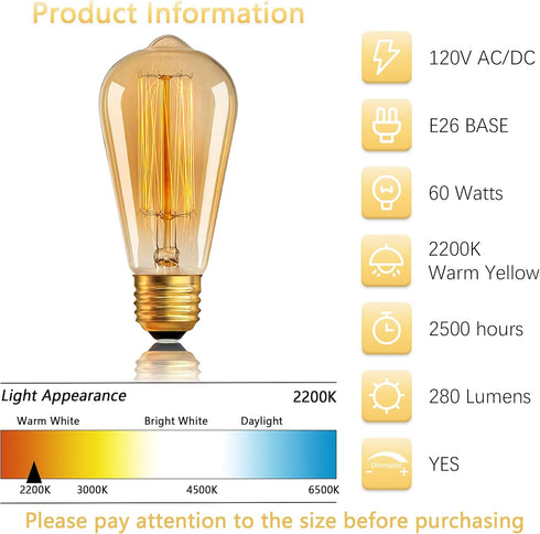 Sevici Bulbs 110V 60W 6 Pack, ST64 Bulb 280LM 2200K Dimmable E26/E27 Bulbs Bulbs Antique Edison Light Decorative