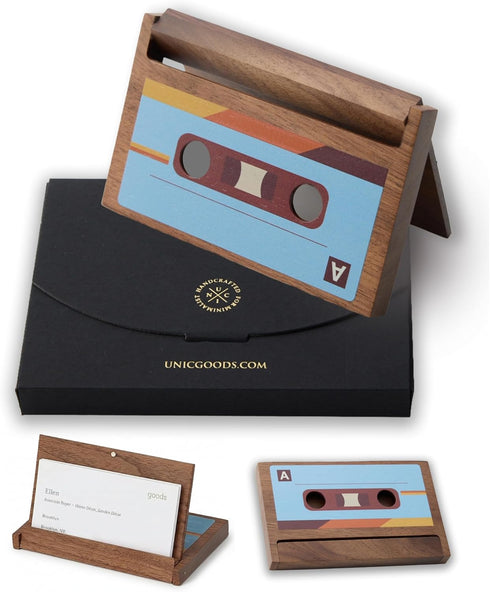 UNIC Retro Cassette Tape Business Card Holder Natural Walnut Wood Vintage Design,
