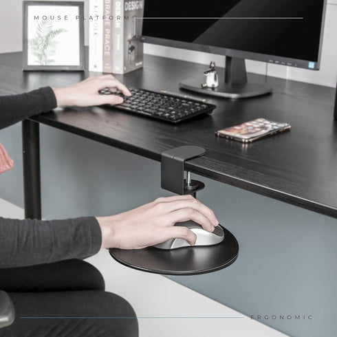 EHO Clamp on Mouse Platform, Clip on 360 Degree Rotating Mouse Tray Attachment, Ergonomic Slide Out Tray (Platinum)