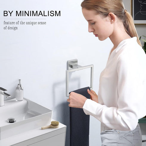 TNOMS Brushed Towel Ring, Modern Square Hand Towel Bar for Bathroom, Wall Mount Stainless Steel.