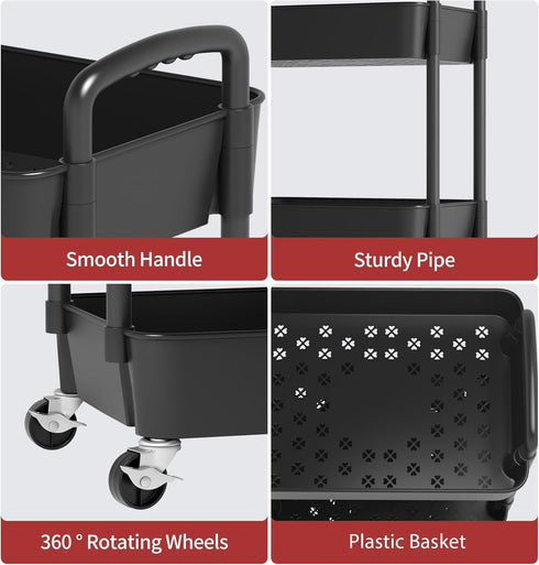 4-Tier Sywhitta Plastic Rolling Utility Cart with Handle, Multi-Functional Storage Trolley for Office, Living Room