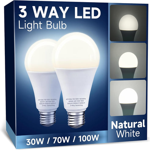 3 Way Light Bulbs, 3 Way LED Bulbs 30 70 100W Equivalent, Natural White 4000K A19 E26 Medium Base, 2 Pack for Lamps
