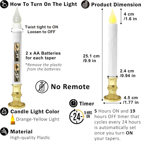 Pack 6 5/19 FURORA LIGHTING LED White Taper Candles with Gold Holders of with Timer, Elegant Flameless Glow for Home