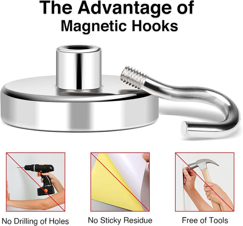 MIKEDE Heavy Duty Magnetic Hooks, 150Lbs+ Super Strong Neodymium Earth Magnets with Hook for Hanging - 4 Pack