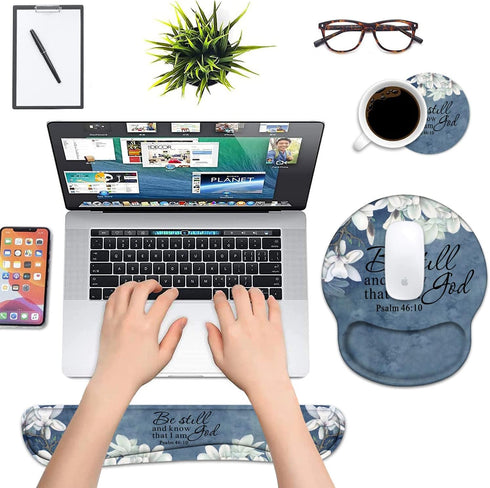 Keyboard Wrist Rest and Mouse Pad Support Set with Coasters, Christian Bible Verse Psalm 46:10, Non-Slip PU Base