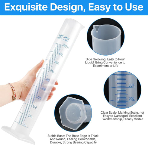 4 Packs 500ml Plastic Graduated Cylinder, Transparent Measuring Cylinder Set with Pour Spout for Science Projects