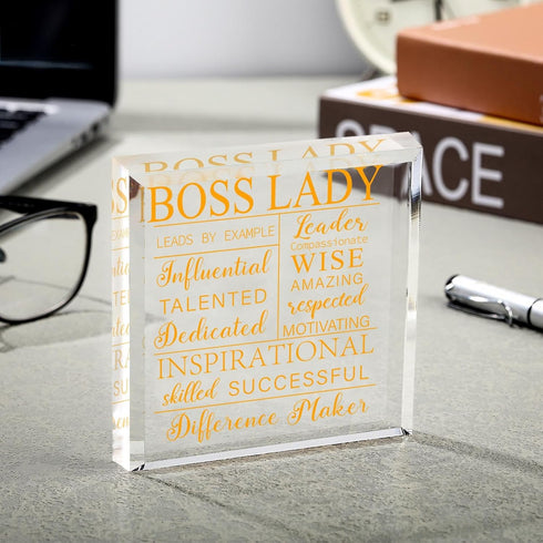 Yalikop Boss Lady Gifts for Women, Acrylic Desk Office Decor with Inspirational Quotes, Keepsake and Paperweight