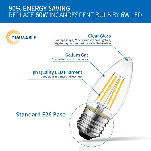 B11 Bulb Bulb Dimmable Bulbs 2700K 6W(60W E26 Lightbulbs, 6 Pack ANWIO Clear Candle Light Indoor LED Filament