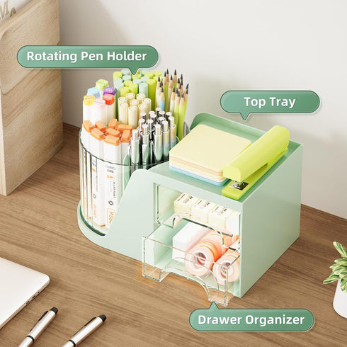 Marbrasse Desk Organizer with 2 Drawers, 360° Rotating Pen Holder, 6 Slots Pencil Organizer + 2 Drawer for Office