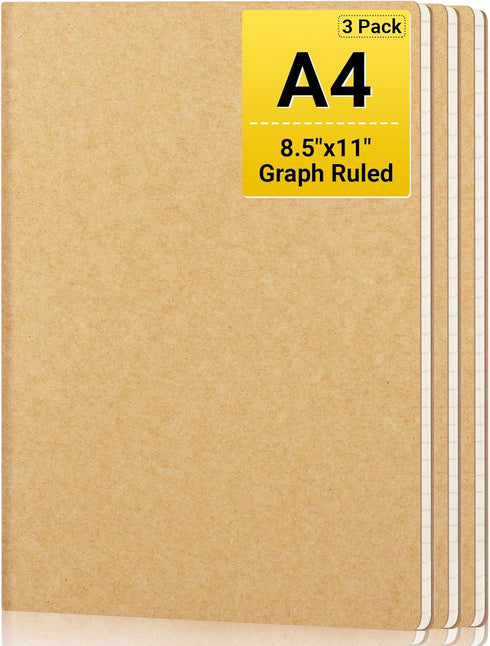 EUSOAR Graph Journal, 3 Packs Large A4, 8.5" x 11", 40 Sheets/80 Pages, 100gsm Thick Paper, Kraft Sketchbook