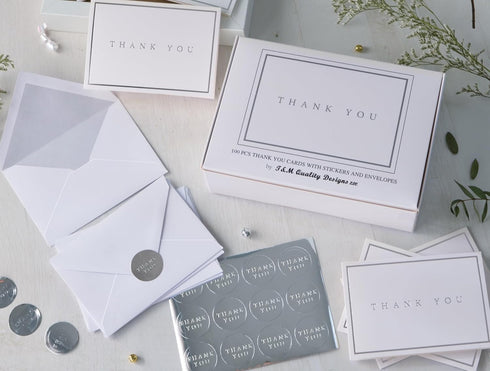 T&M Quality Designs LLC 100 Thank you cards with envelopes and stickers, Silver Foil Stamping