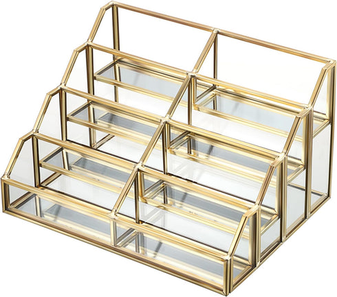 Hipiwe 8 Mirrored Glass Business Card Holder Gold Business Card Display Stand for Desk Multiple Clear Business Card