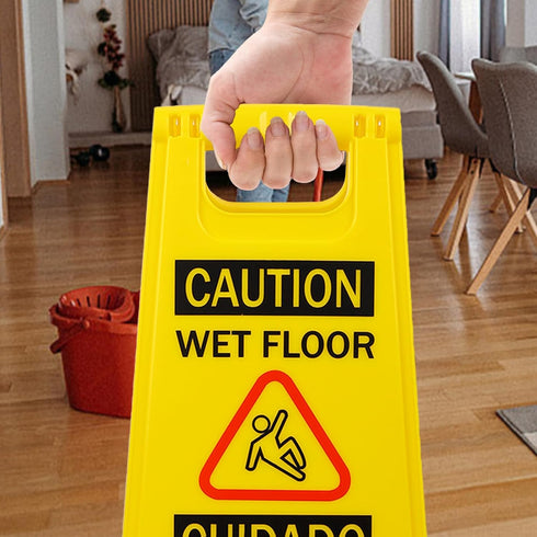 Caution Wet Floor Sign, 2-Sided Foldable Safety Sign (L:17.12in W:8.38in H:0.94in) Bilingual Yellow (2 Pack)