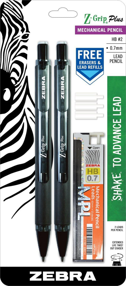 Zebra Pen Z-Grip Plus Mechanical Pencil - 0.7mm - Black Barrel - Refillable - 2-Pack with Lead and Erasers