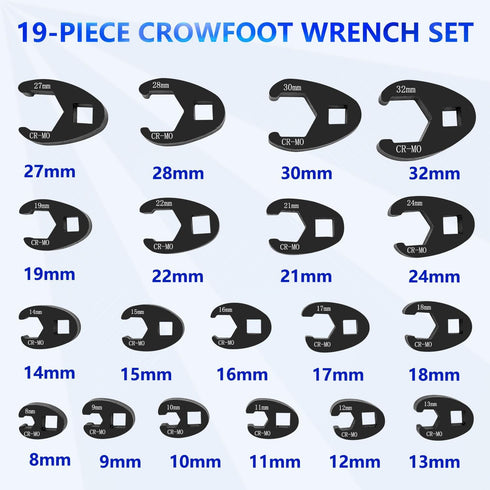 ZKTOOL 3/8” and 1/2” Drive Jumbo Crowfoot Flare Nut Wrench Set, 19PC Metric Tool, 8 to 32 mm Sizes