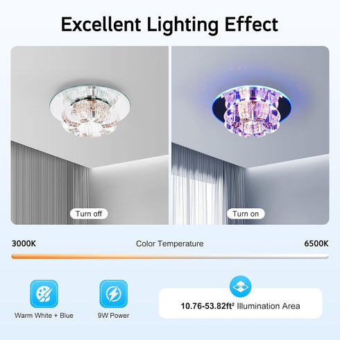 YUASDUU K9 Bulbs Modern Crystal Ceiling Lamps, LED Flush Mount Chandelier Blue-Warm White Pendant Lighting Fixture