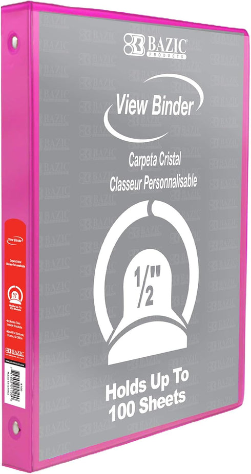 BAZIC 3 Ring Binder, 1/2" Economy View Binders Organizer - Fuchsia, Round Ring, Holds 100 Sheets Paper, for School,