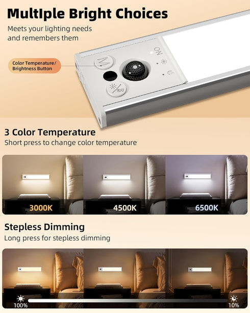 10inch 3 Dimmable Closet Counter (2 Pack) EZVALO Under Cabinet Lighting, Rechargeable Motion Sensor Light Indoor