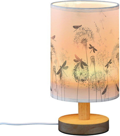 YYZZH Table Lamp Elegant Dandelion Dragonfly Nightstand Lamp with Wood Base Fabric Lamp Shade Bedside Desk Lamp