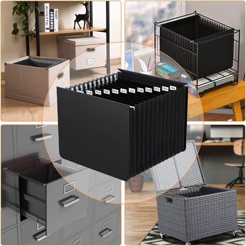 Black Hanging File Folders - Expanding File Organizer with 13 Accordion Pockets, Durable Plastic Desk Organizer