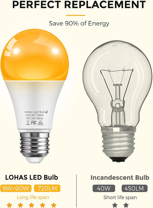 L LOHAS Amber Light Bulbs, Blue Light Blocking, A19 9W (60W Equivalent), Dimmable 1800K Warm Light, E26 Base, 4 Pack